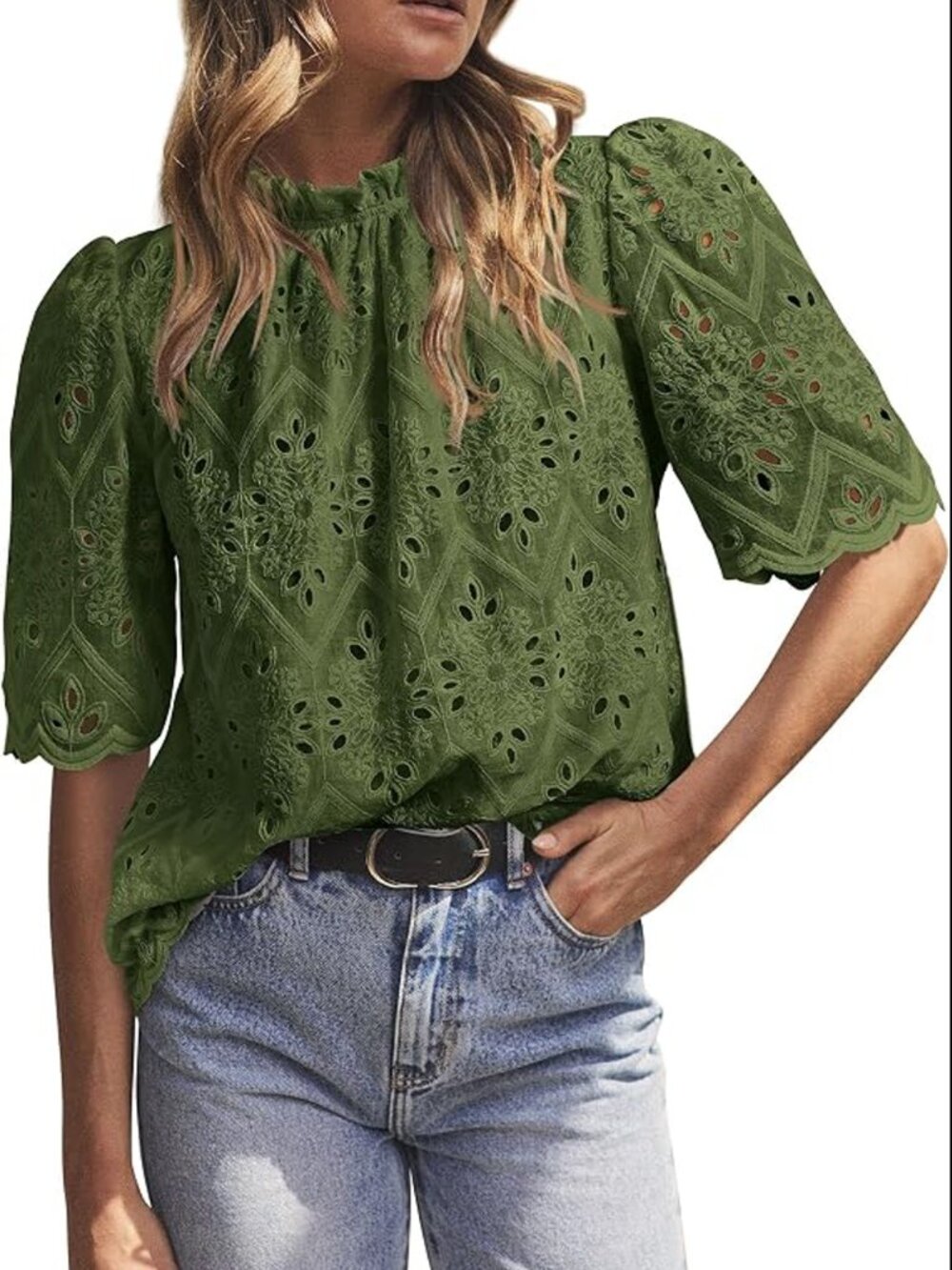 PrettyGarden Green Eyelet Ruffle Mock Neck Puff Sleeve Top Medium